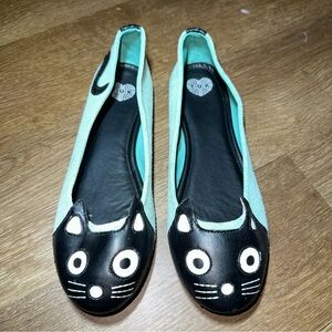 TUK Mint Green Suede Kitty Ballet Flats Black Cat Face Shoes Rockabilly Women